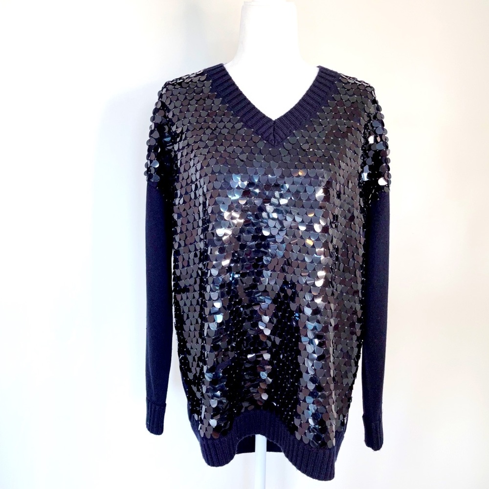 Liviana Conti Designer Sequins Black Knit Pullover Sweater